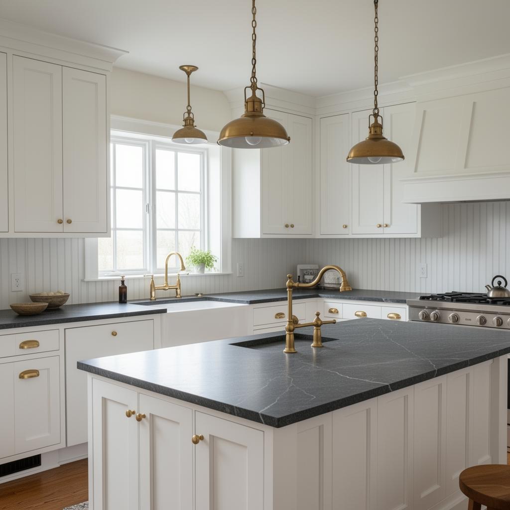 Classic American shaker kitchen with soapstone counters and unlacquered brass fixtures