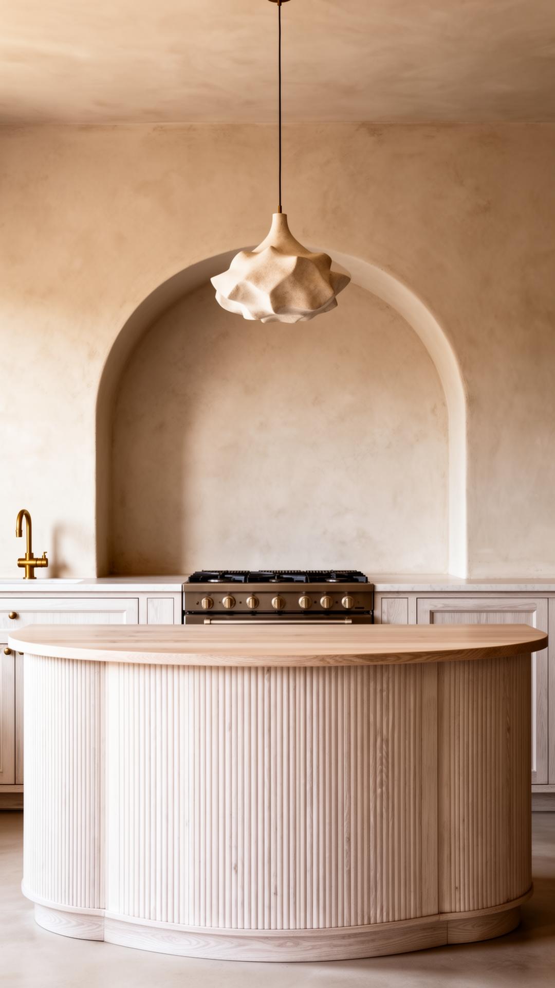 Curved kitchen island with fluted white oak millwork and an arched plaster range alcove