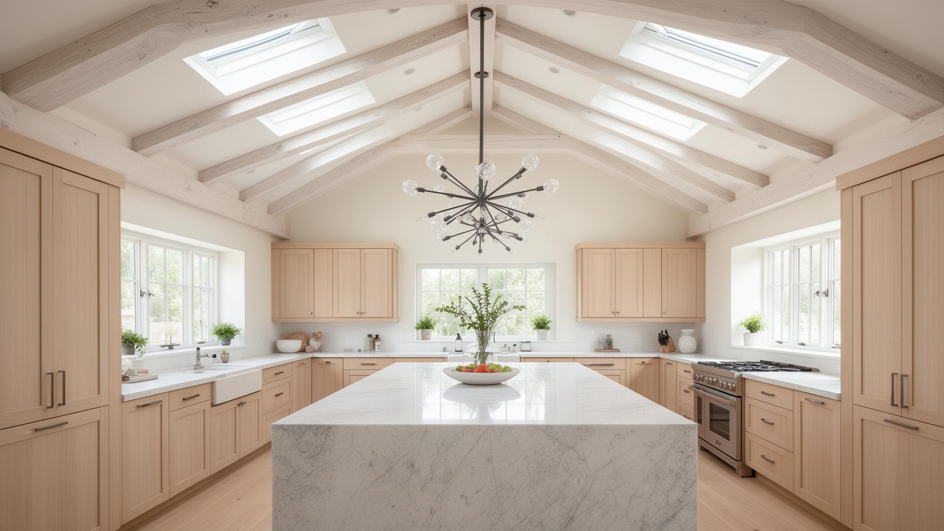 Vaulted ceiling kitchen with exposed white oak beams, skylights and a marble island