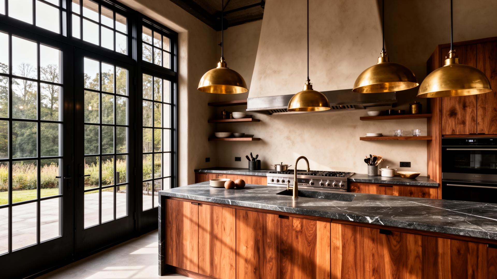 Industrial-modern kitchen with black steel framed windows, walnut cabinets and brass pendants