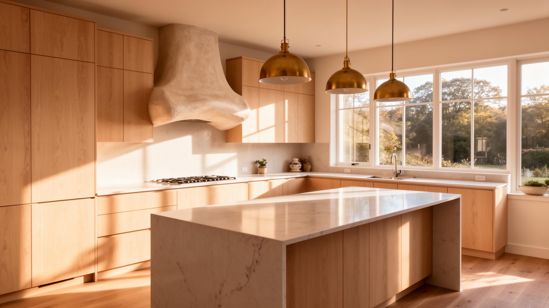 Modern kitchen with white oak cabinetry, plaster range hood and brass dome pendants