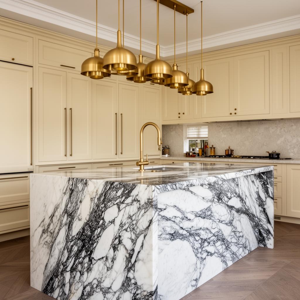 Statement kitchen island with dramatic calacatta marble waterfall and brass dome pendant cluster