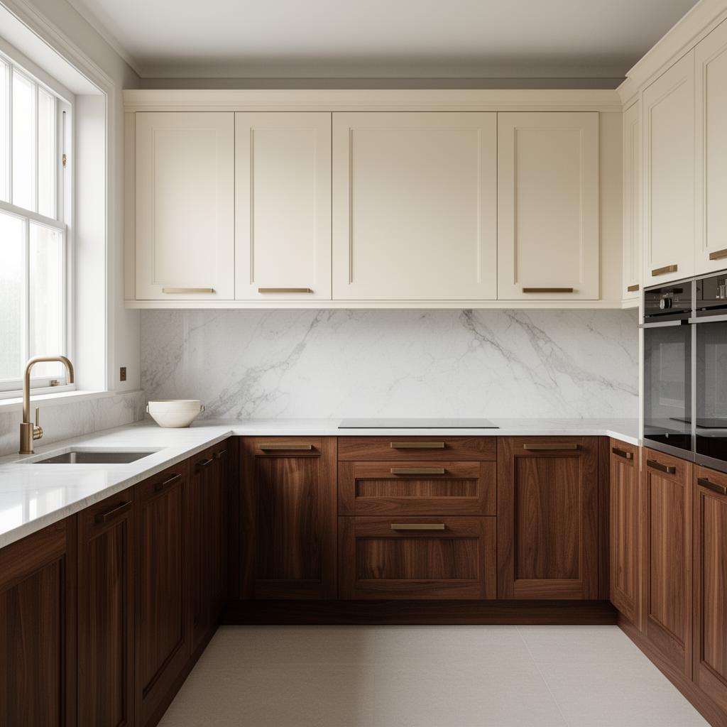 Sophisticated kitchen with rich walnut lower cabinets, cream uppers and a slab marble backsplash