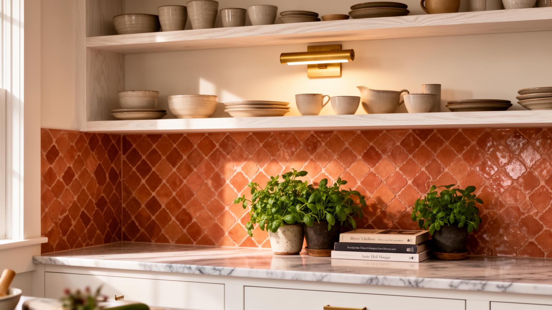 Kitchen detail with white oak open shelving above a warm terracotta zellige tile backsplash
