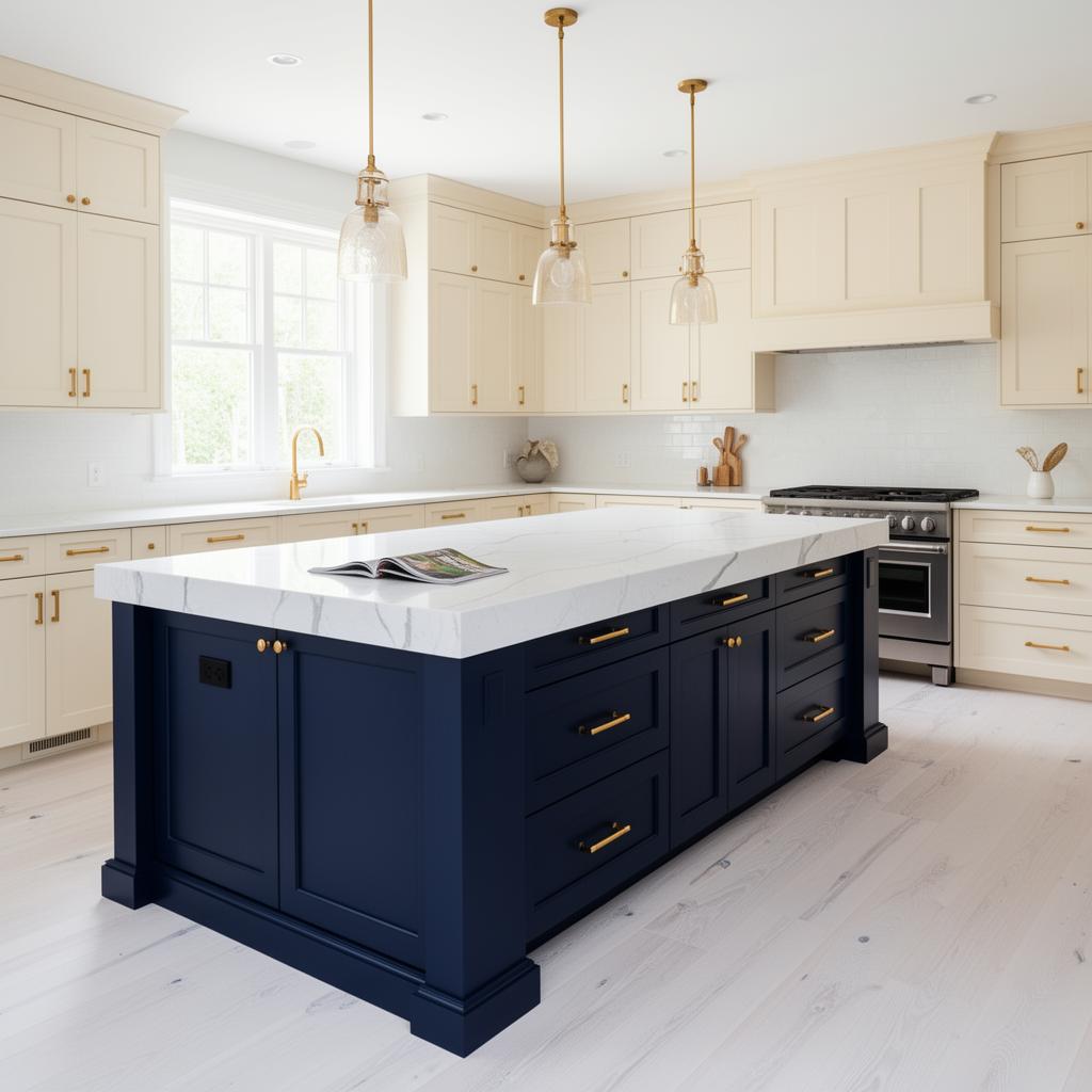 Two-tone kitchen with a deep navy island, cream perimeter cabinets and brass pulls