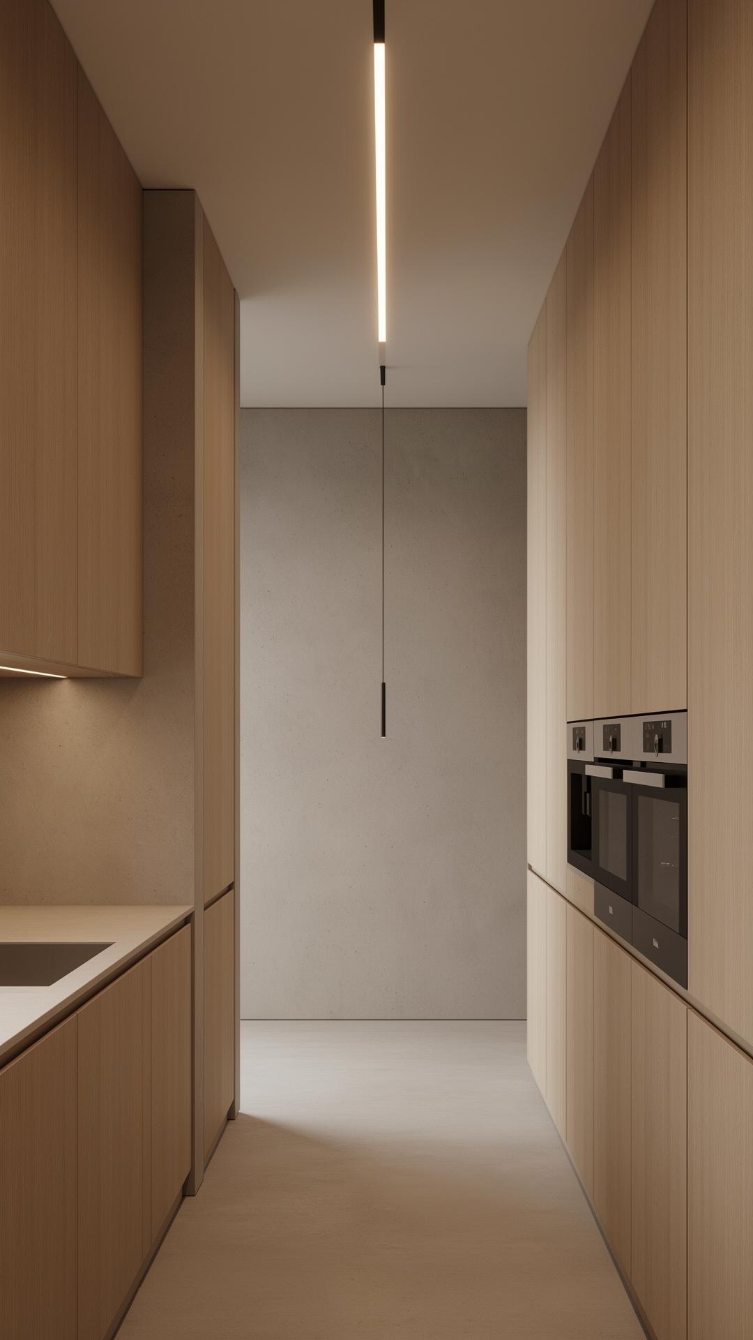 Minimal Japandi kitchen with handleless light wood cabinetry and a single linear pendant