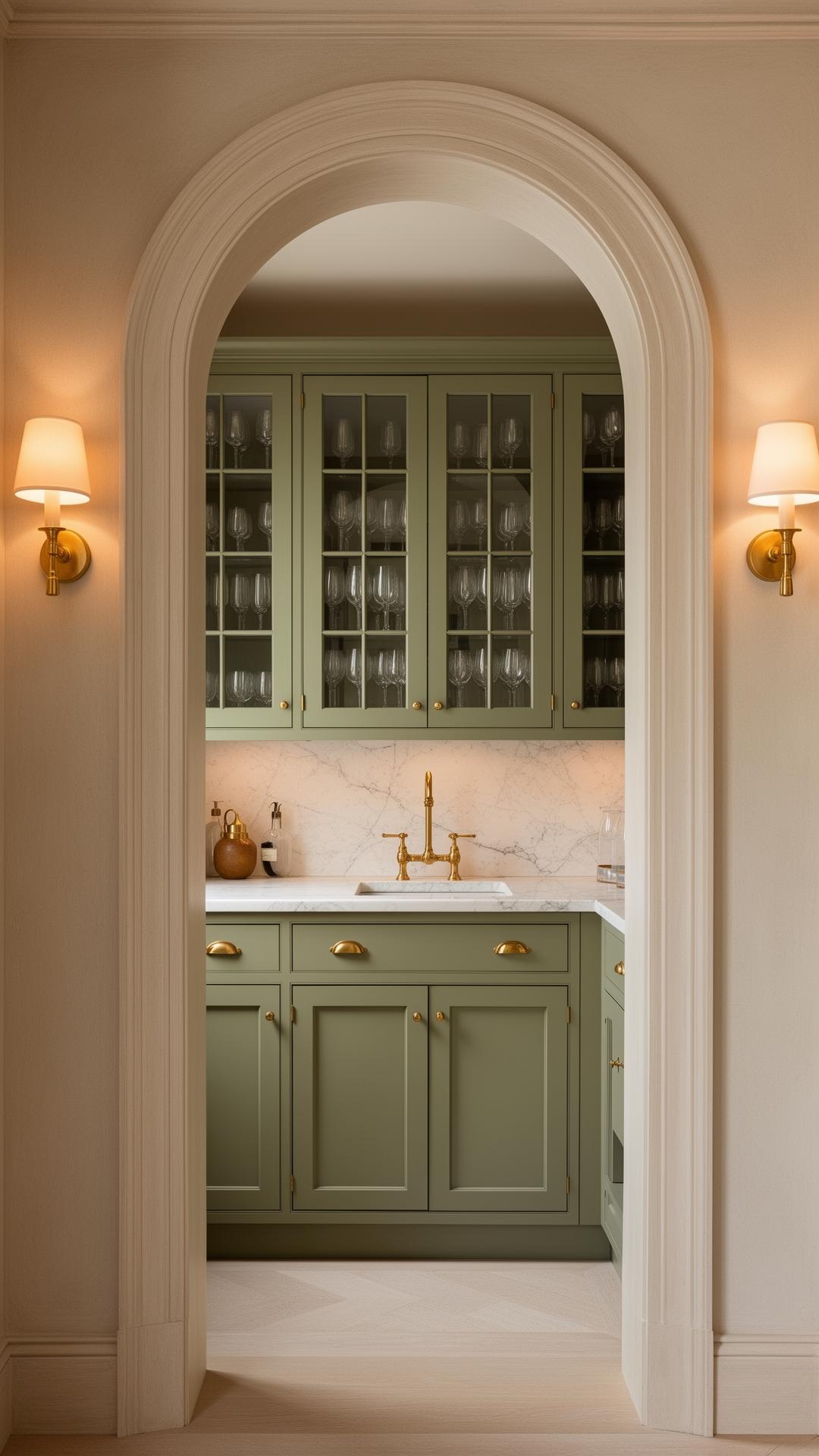 View through an arched plaster doorway into a sage green butler's pantry scullery