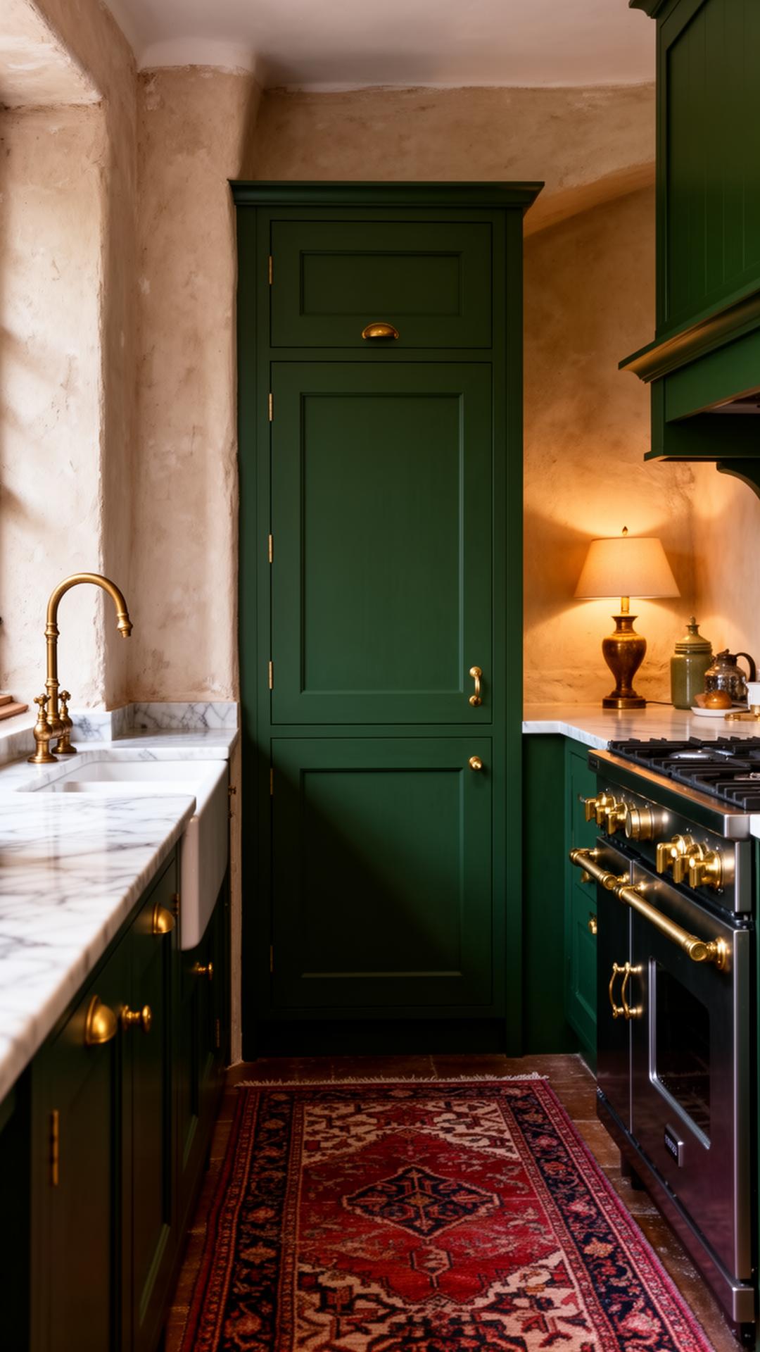 Moody English country kitchen with deep green inset cabinets, brass hardware and a vintage runner